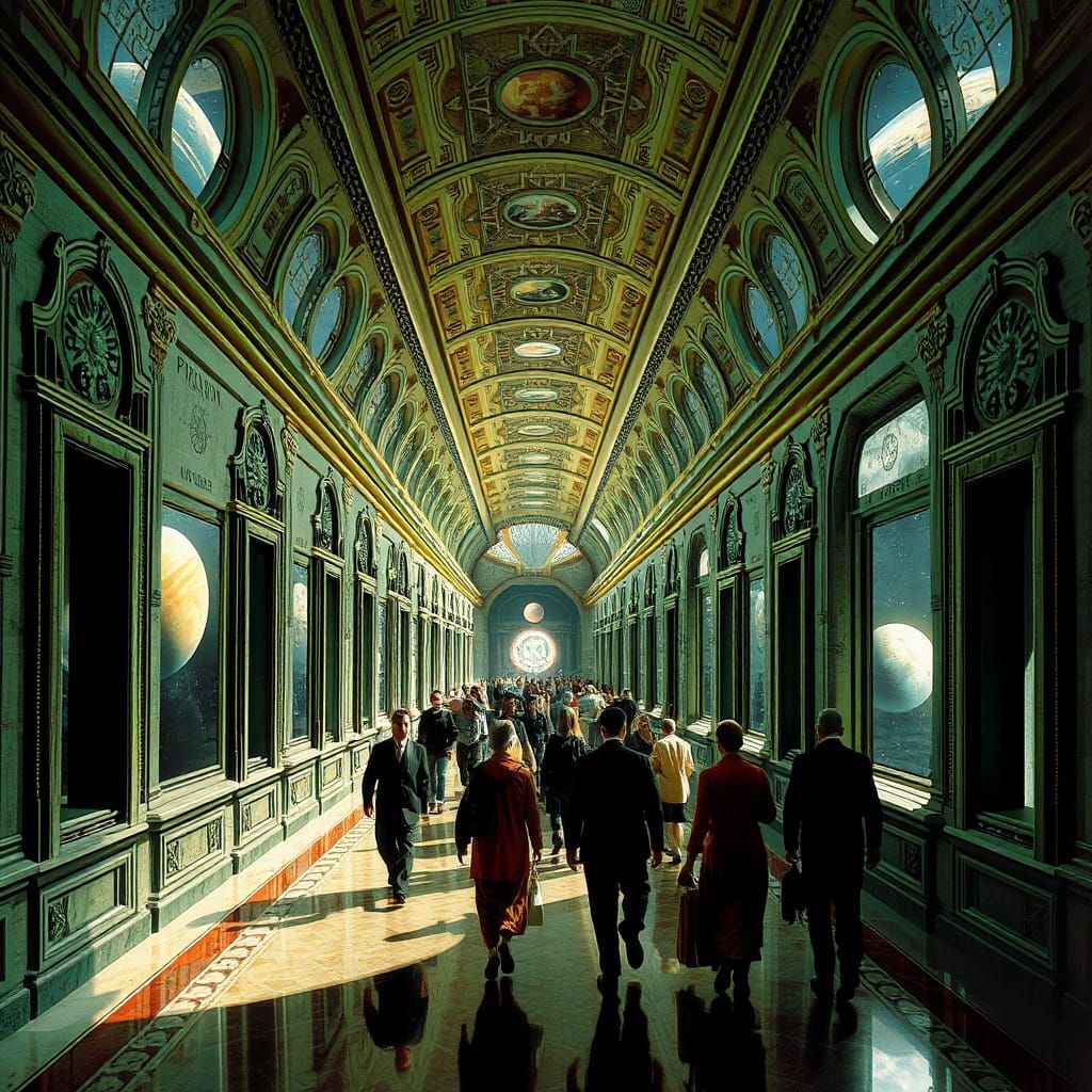 Hall with Windows to Other Worlds as Sci-Fi Art