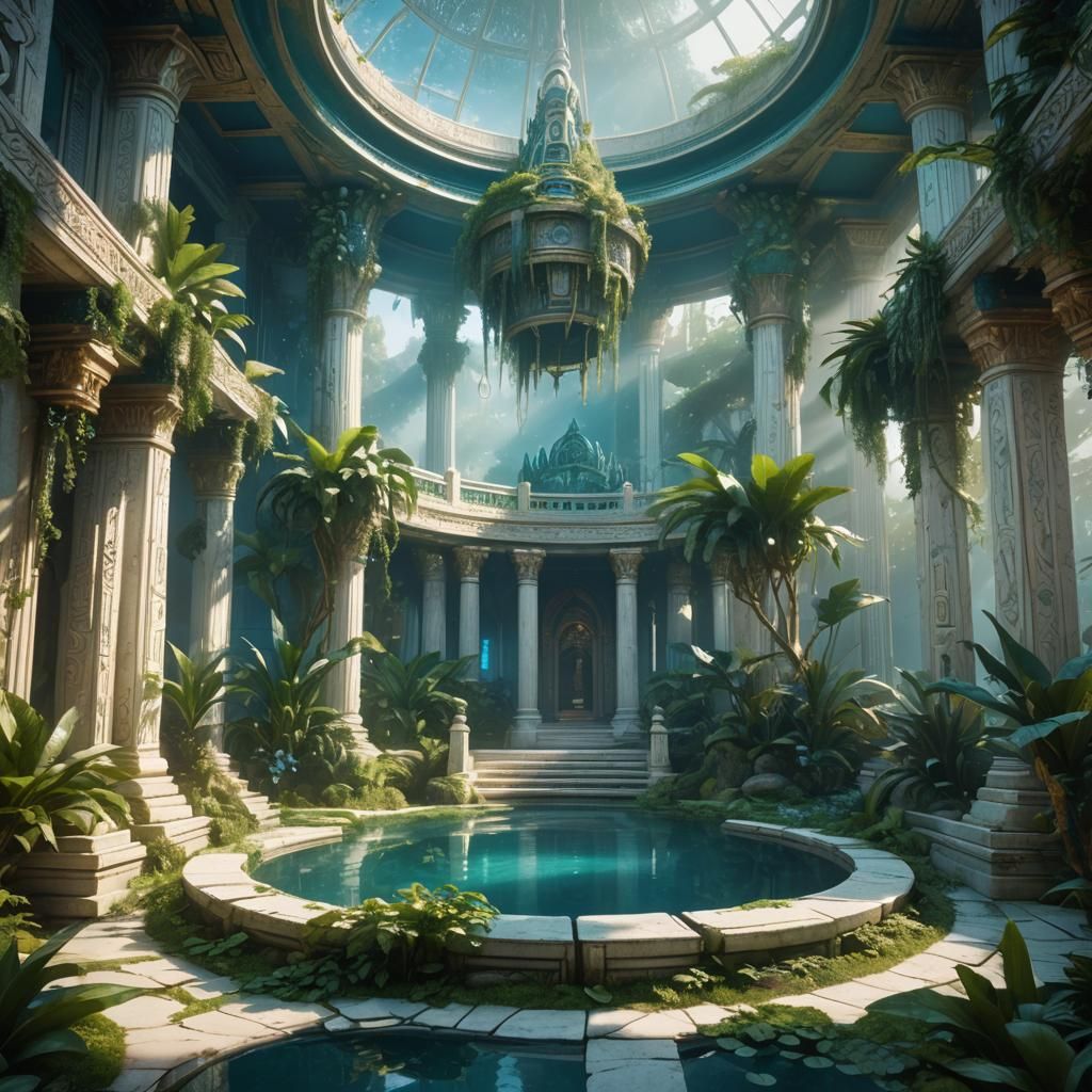 Fantastical Temple Interior with Lush Plants