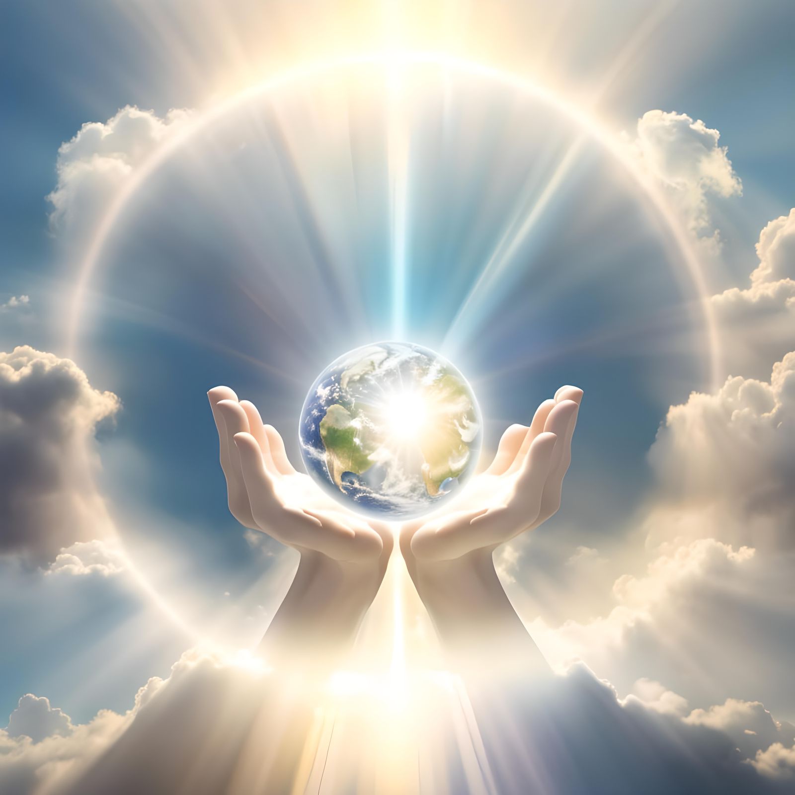 god's loving hands around an ethereal earth, translucent, ma...