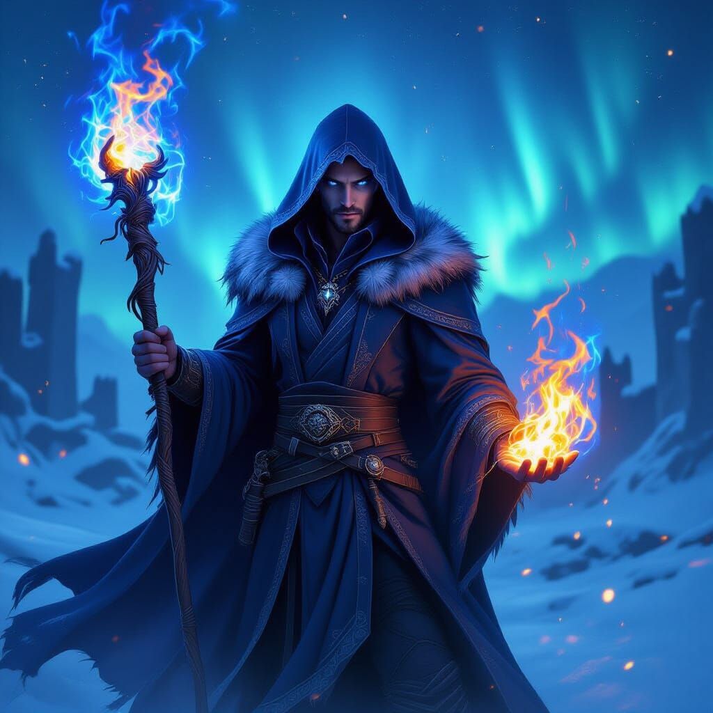 Dark Wizard Conjuring Blue Flames in Snowy Ruins