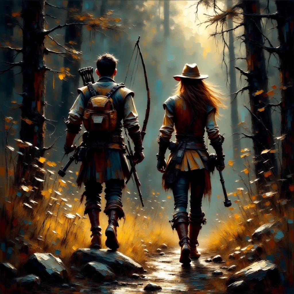 Rogue and Huntress in Dark Forest Impasto Grunge Art