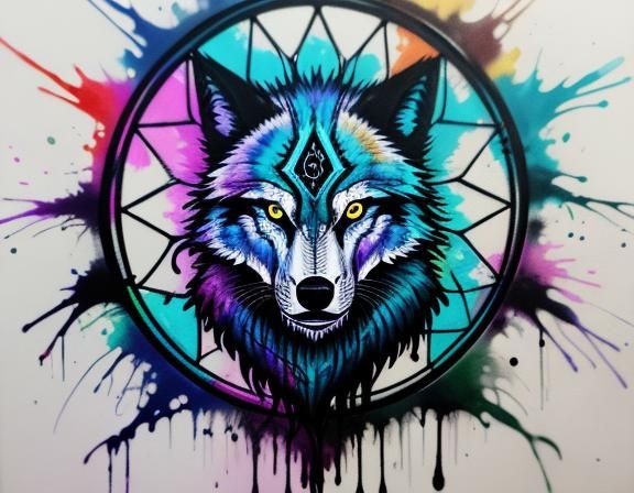 Psychedelic Wolf Dreamcatcher in Graffiti Art Style
