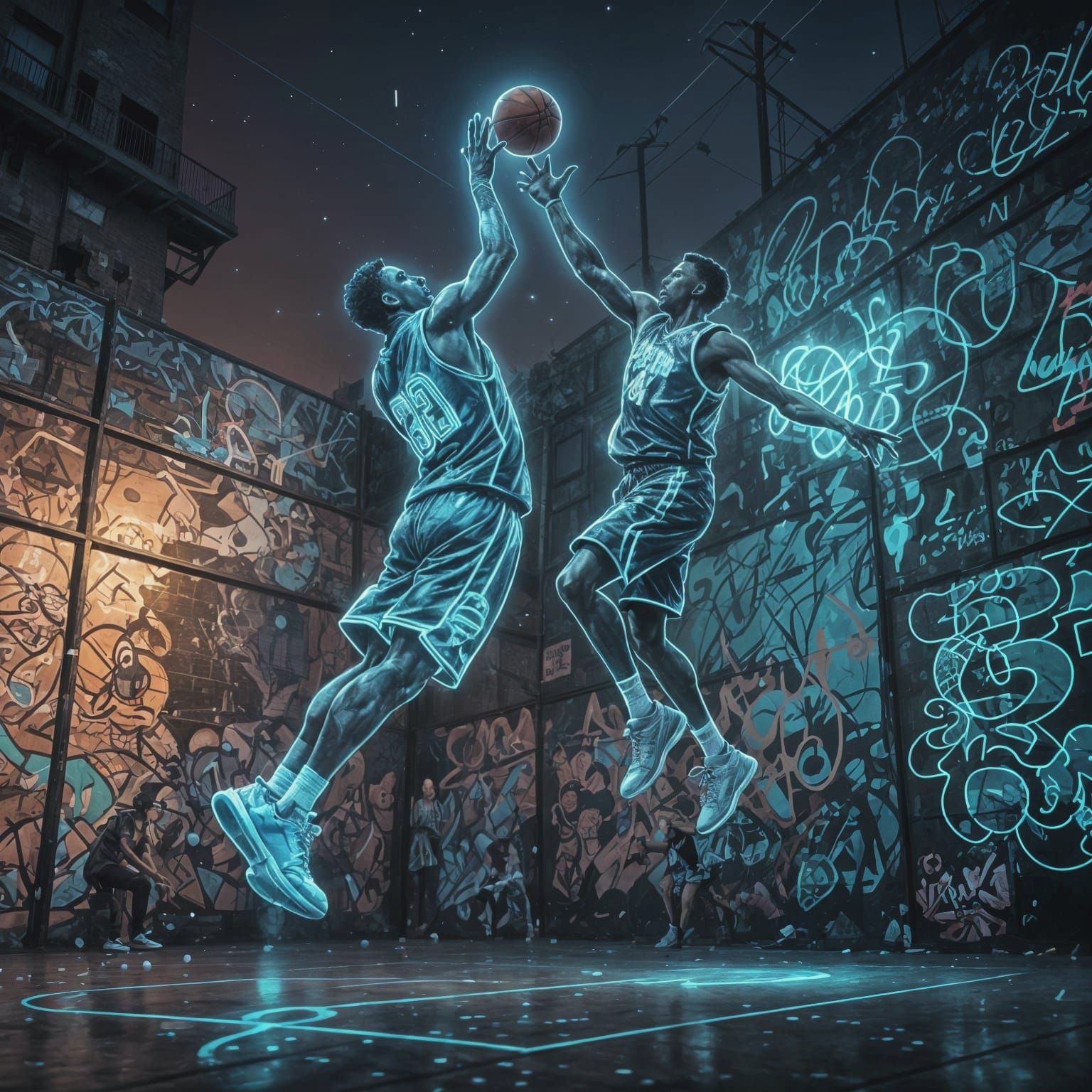 Thrilling Blue Holographic Basketball Players in Urban One o...