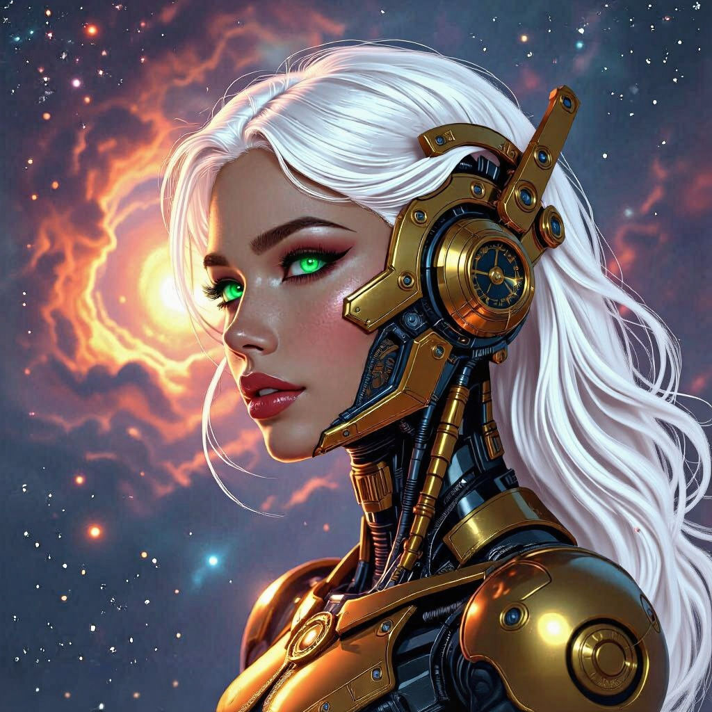 Cyborg with Golden Clockwork in Cosmic Setting