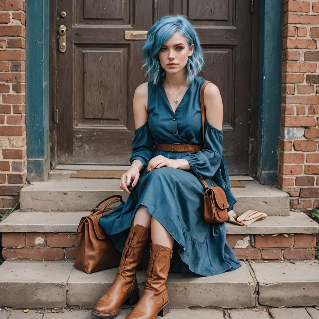 Young Woman with Blue Hair on Building Steps