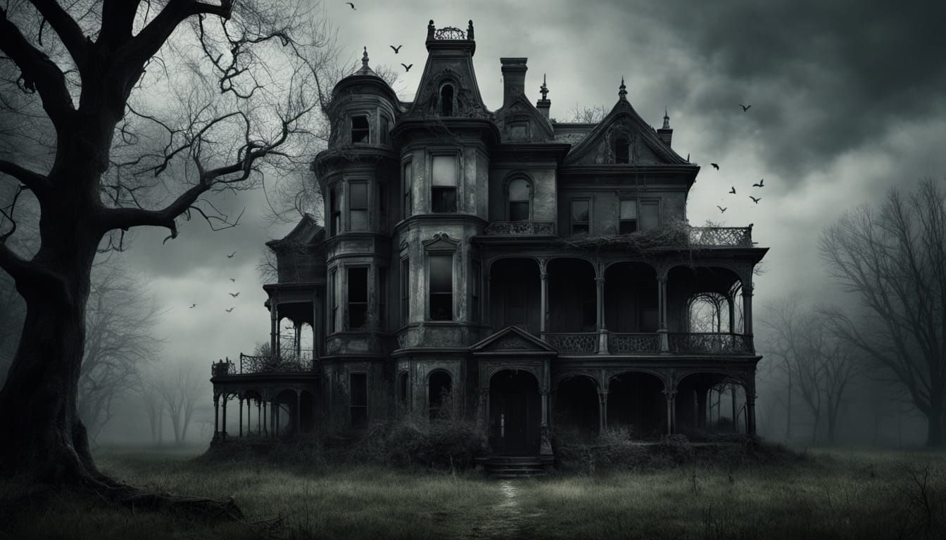 Eerie Abandoned Victorian Mansion in Desolate Field