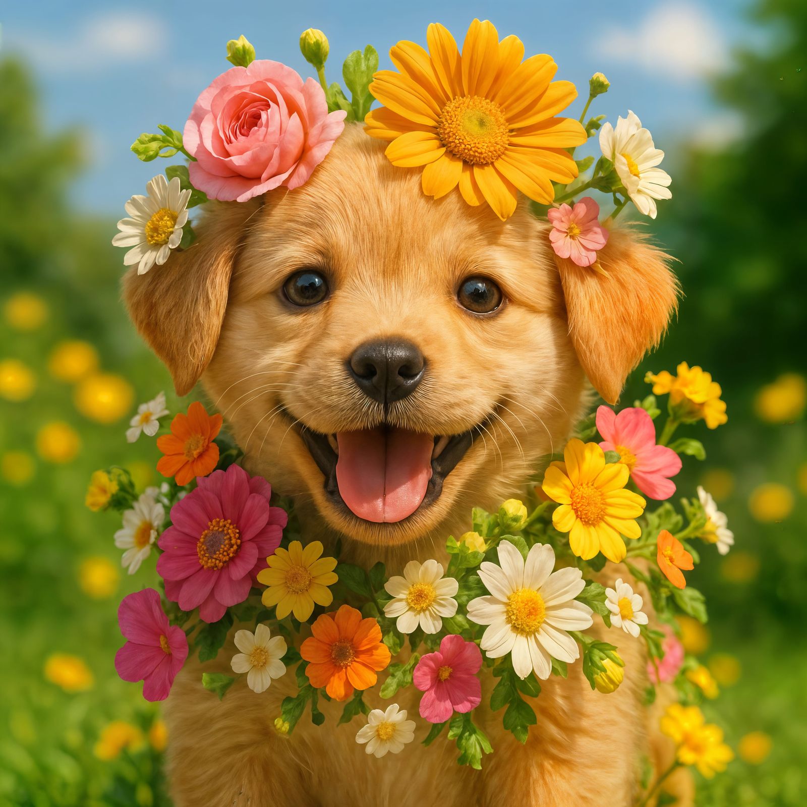 Adorable Flower-Covered Puppy in Sunny CGI