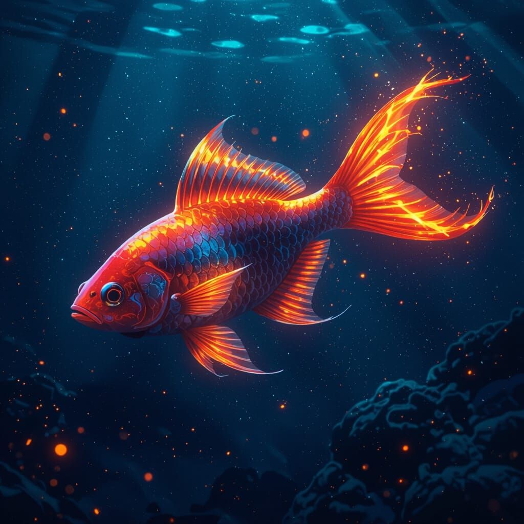 Bioluminescent Fish with Fiery Tail in Dark Blue Water