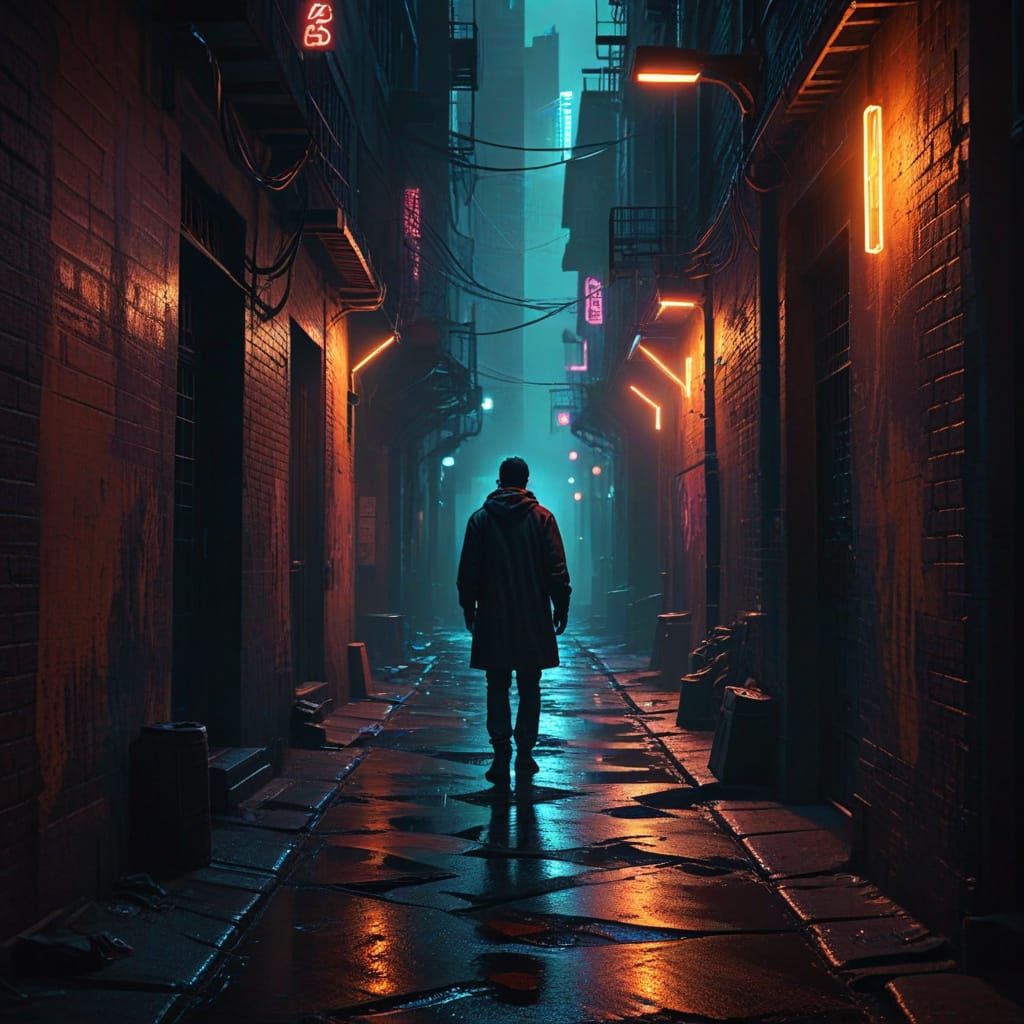 Neon Lit Figure in Dark Alley Concept Art