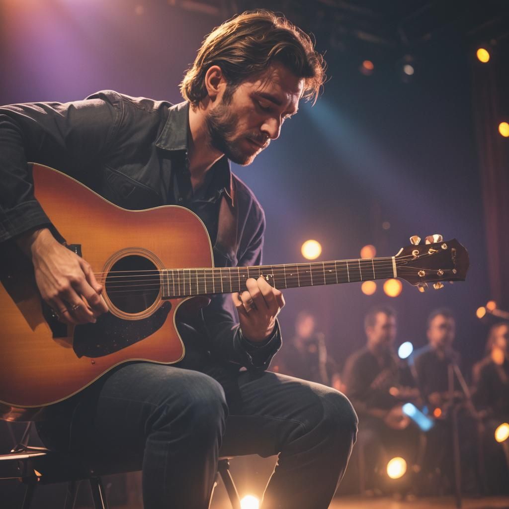 Singer Strums Acoustic Guitar on Concert Stage