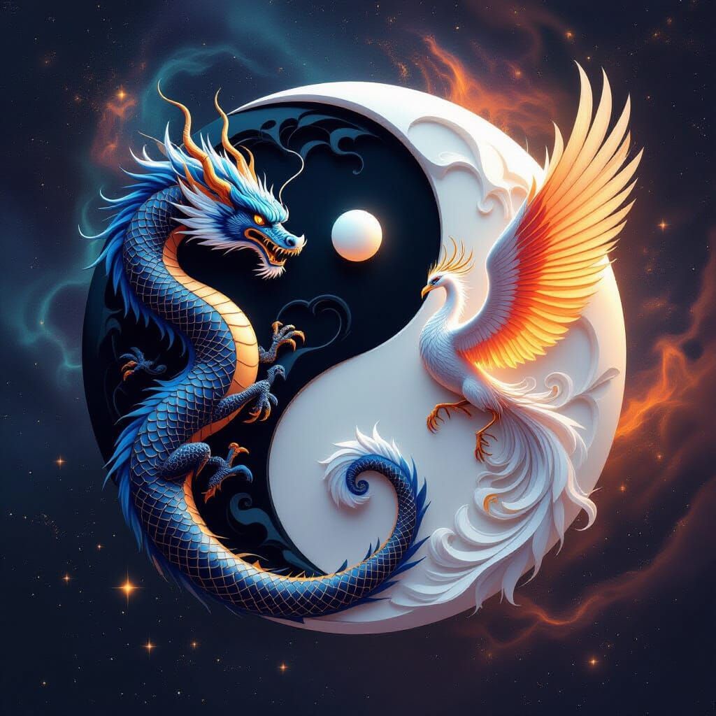 Yin Yang Symbol with Dragon and Phoenix in Cosmic Art