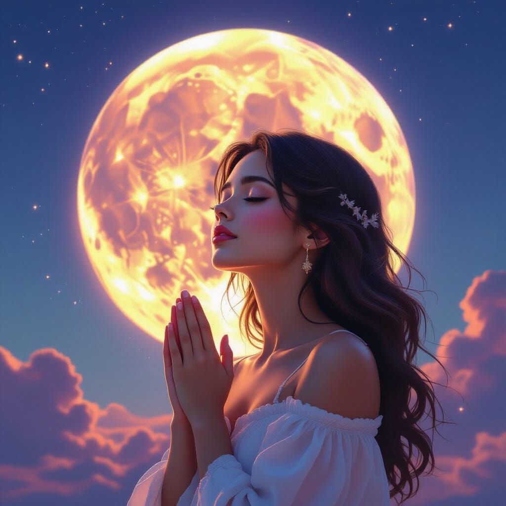 Woman Praying to Luminous Rainbow Moon