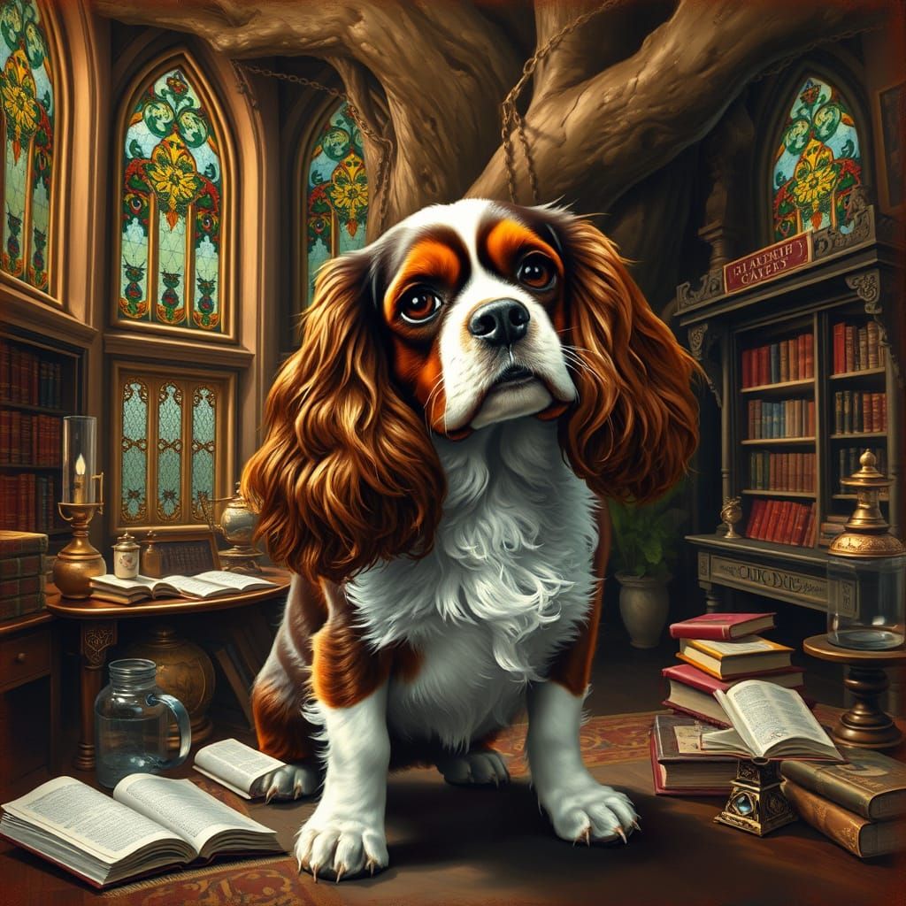 Renaissance Noble Cavalier King Charles Spaniel in Lavish Tr...