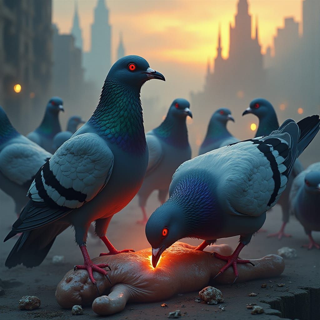 Frenzied Pigeons Feast in Post-Apocalyptic Cityscape