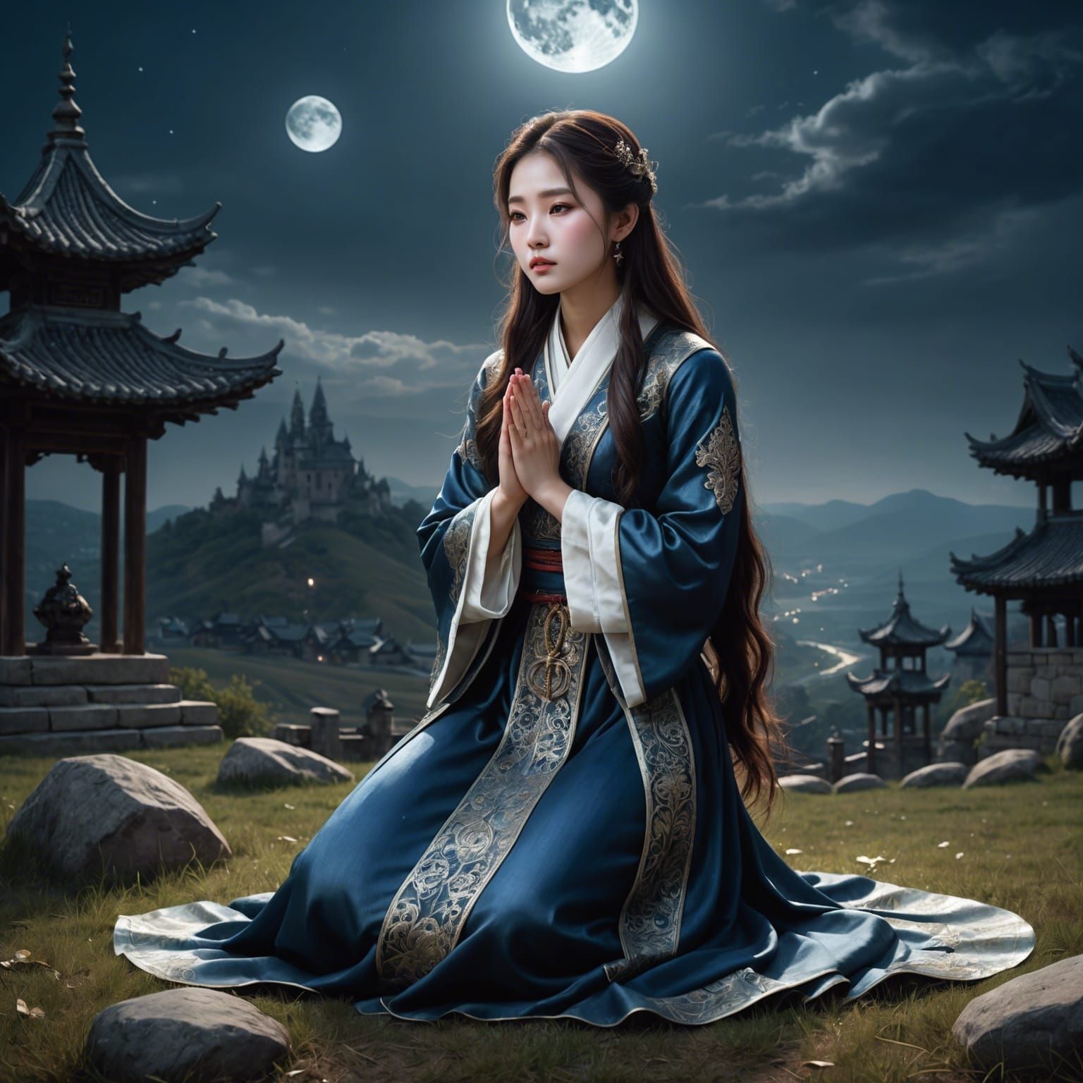 Korean Woman Praying in Fantasy Landscape, Digital Art