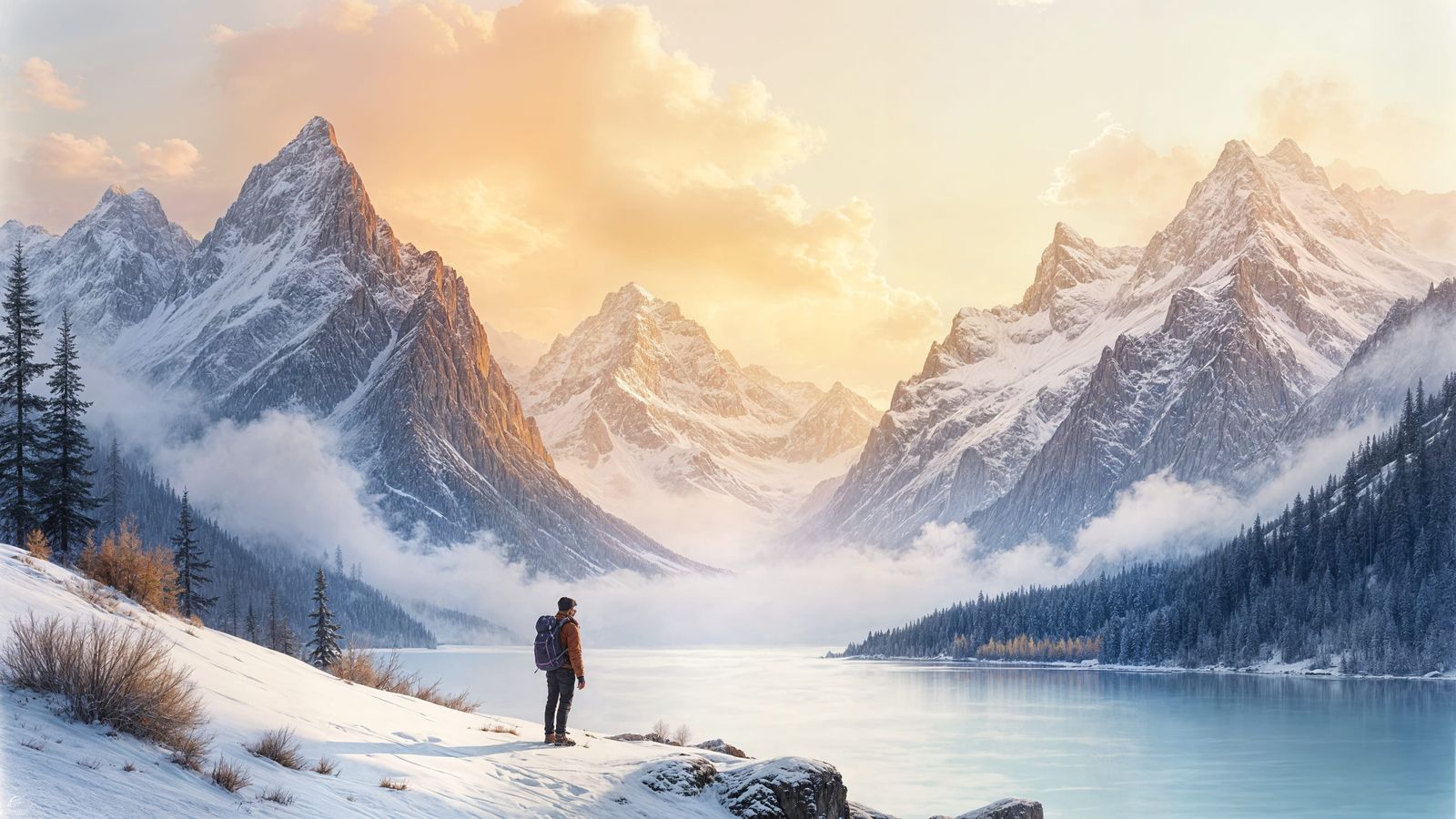 Hand-drawn alpine landscape at golden hour, majestic snow-capped peaks bathed in warm amber light, delicate ink strokes ...