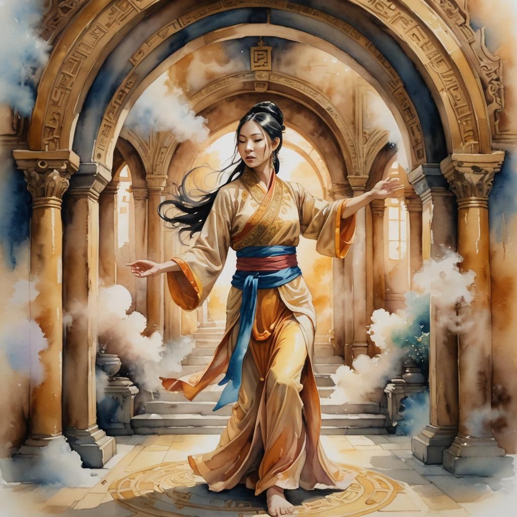 Serene Asian Priestess in Watercolor Monastery