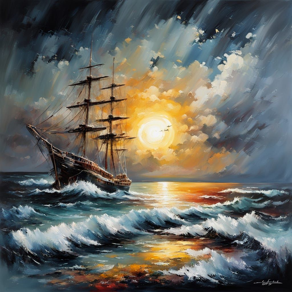 Stormy Seascape with Dripping Sun in Palette Knife Style