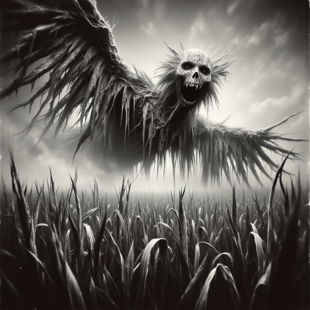 Ominous Scarecrow Flying Over Cornfield in Black and White
