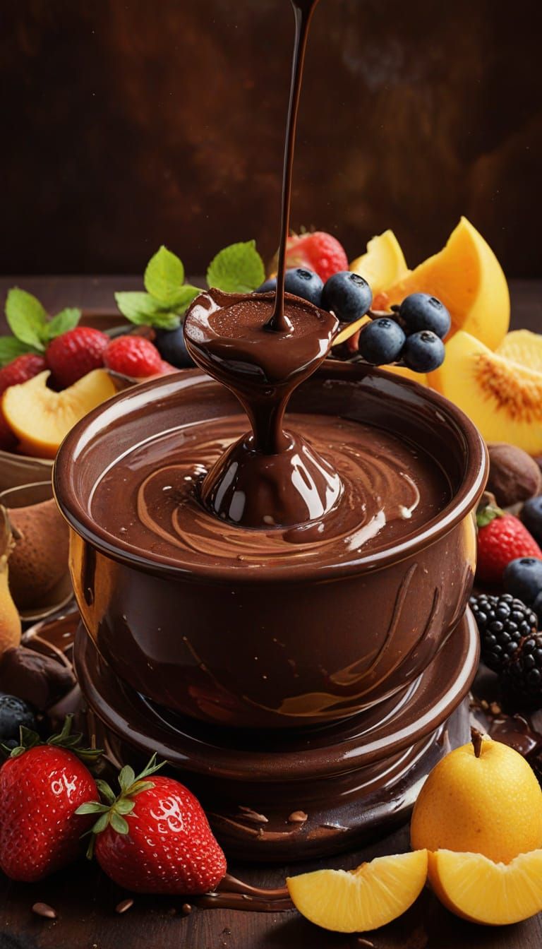 Vibrant Oil Painting of Chocolate Fondue with Fruits