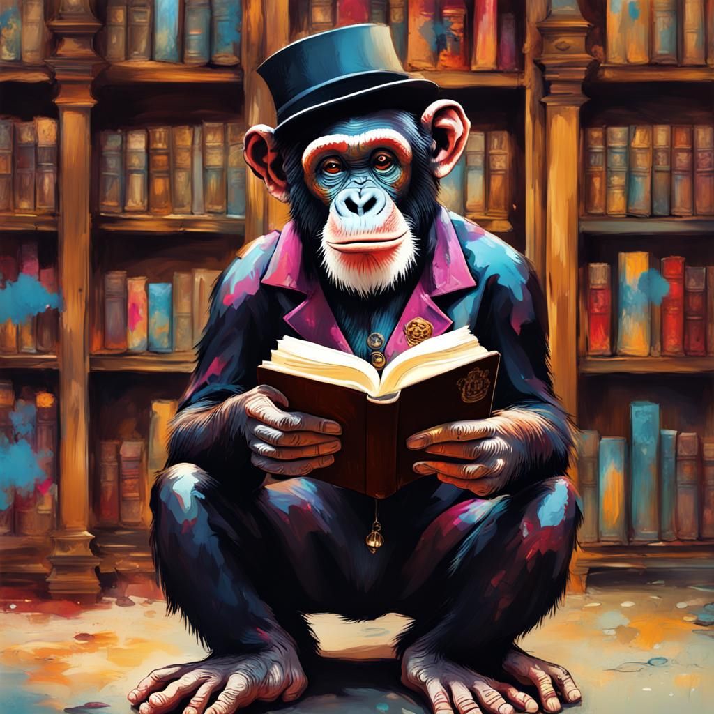 Chimpanzee Gentleman Reads in Library: Digital Graffiti Art