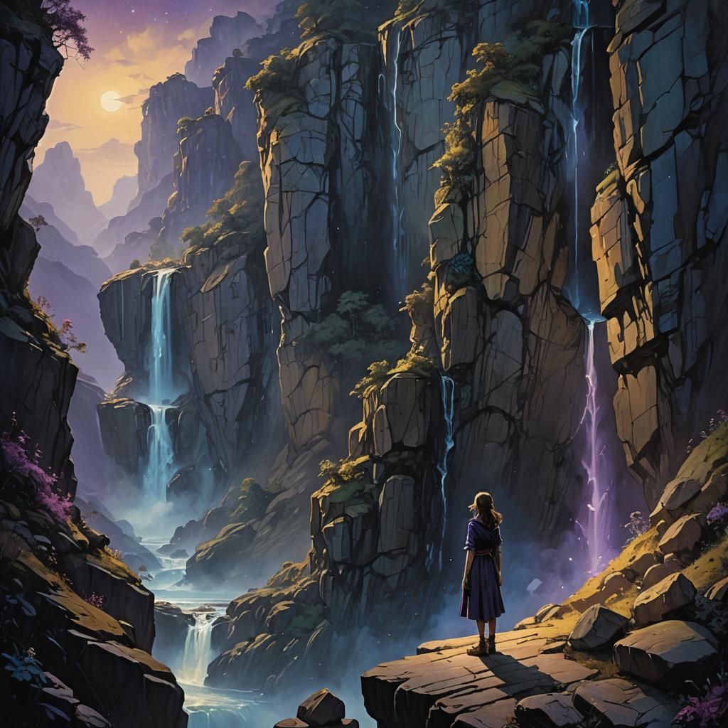 Night Mountain Waterfall: Fantasy Digital Painting