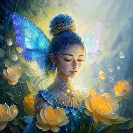 Ethereal Dewdrop Fairy in Whimsical Garden Scene