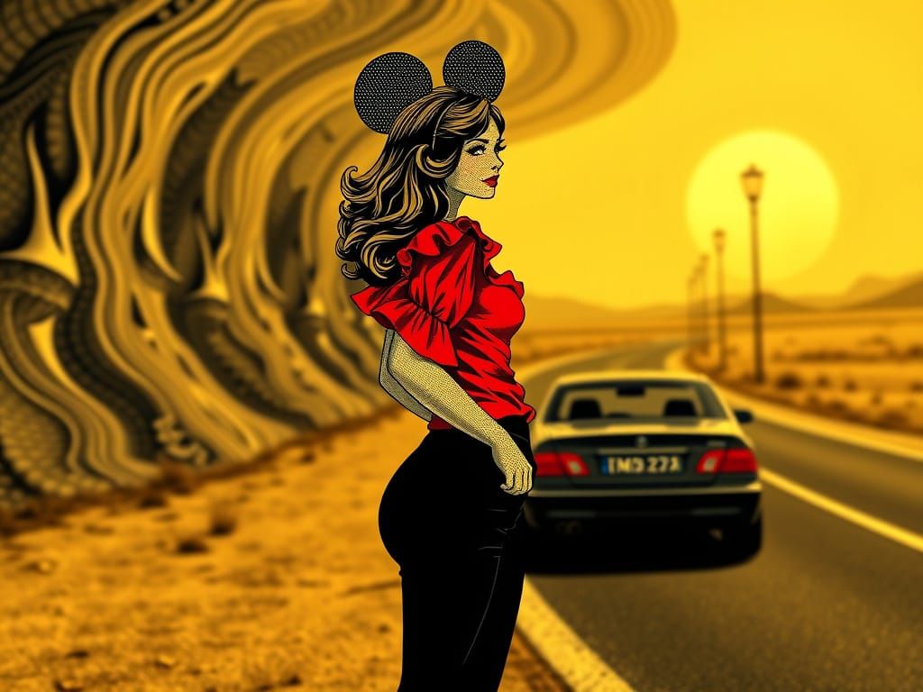 Enchanting Woman in Disney Ears, Against a Geometric Mosaic