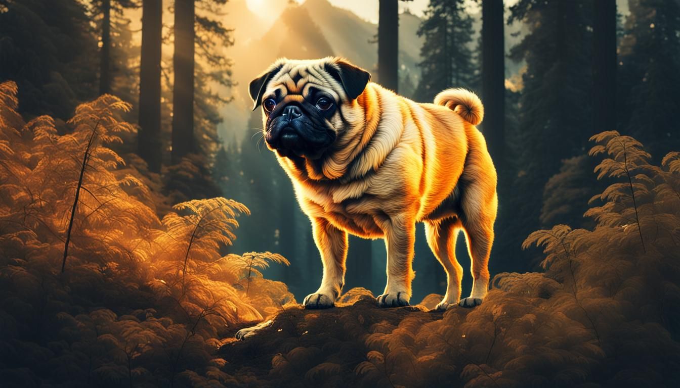 Majestic Mountain Pug Double Exposure in Hyperrealism