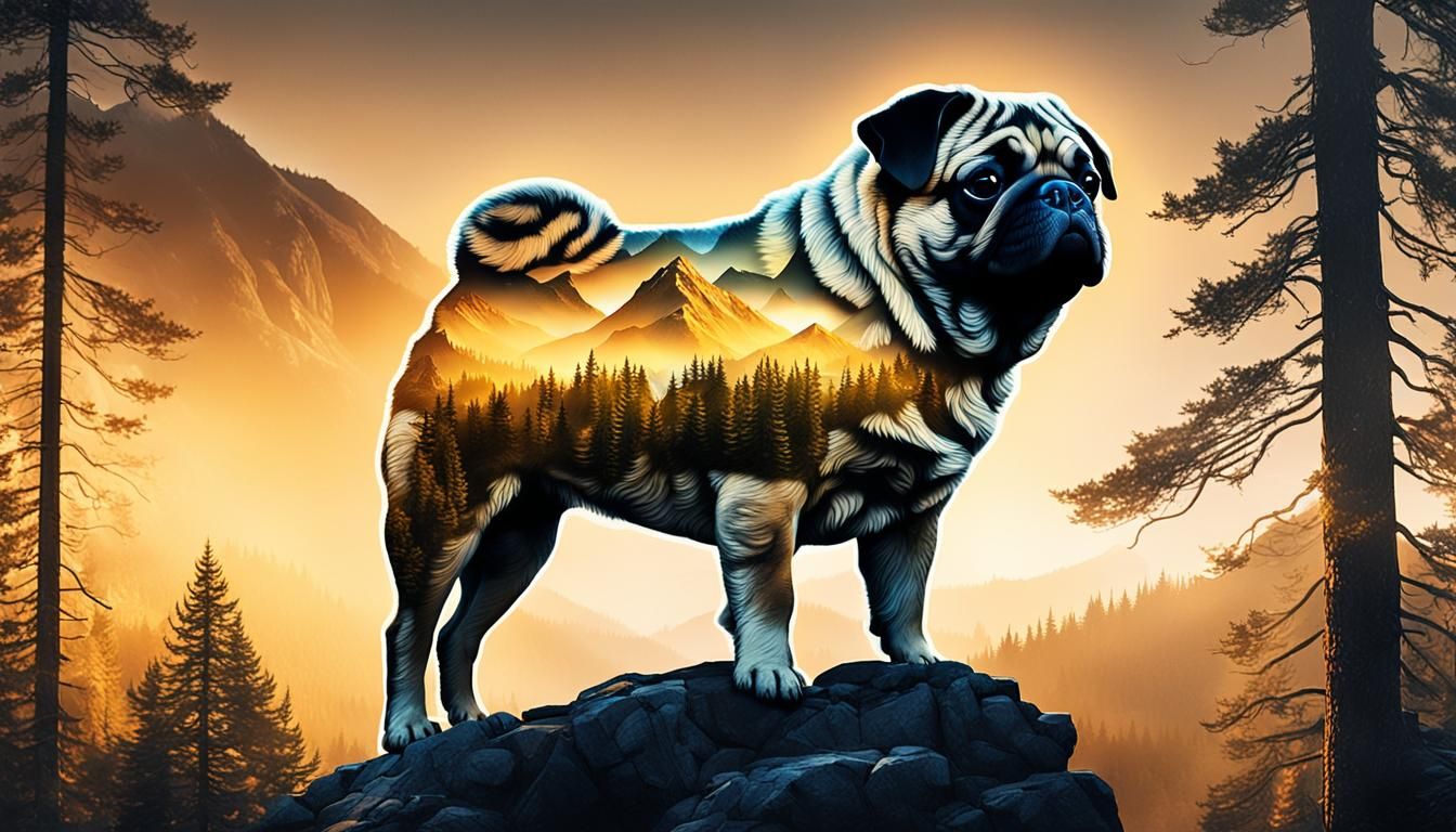 Majestic Mountain Pug Double Exposure in Golden Hour