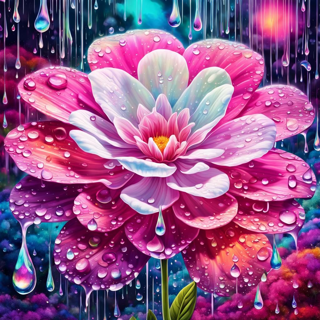 Fantasy World Reflected in Raindrop on Flower