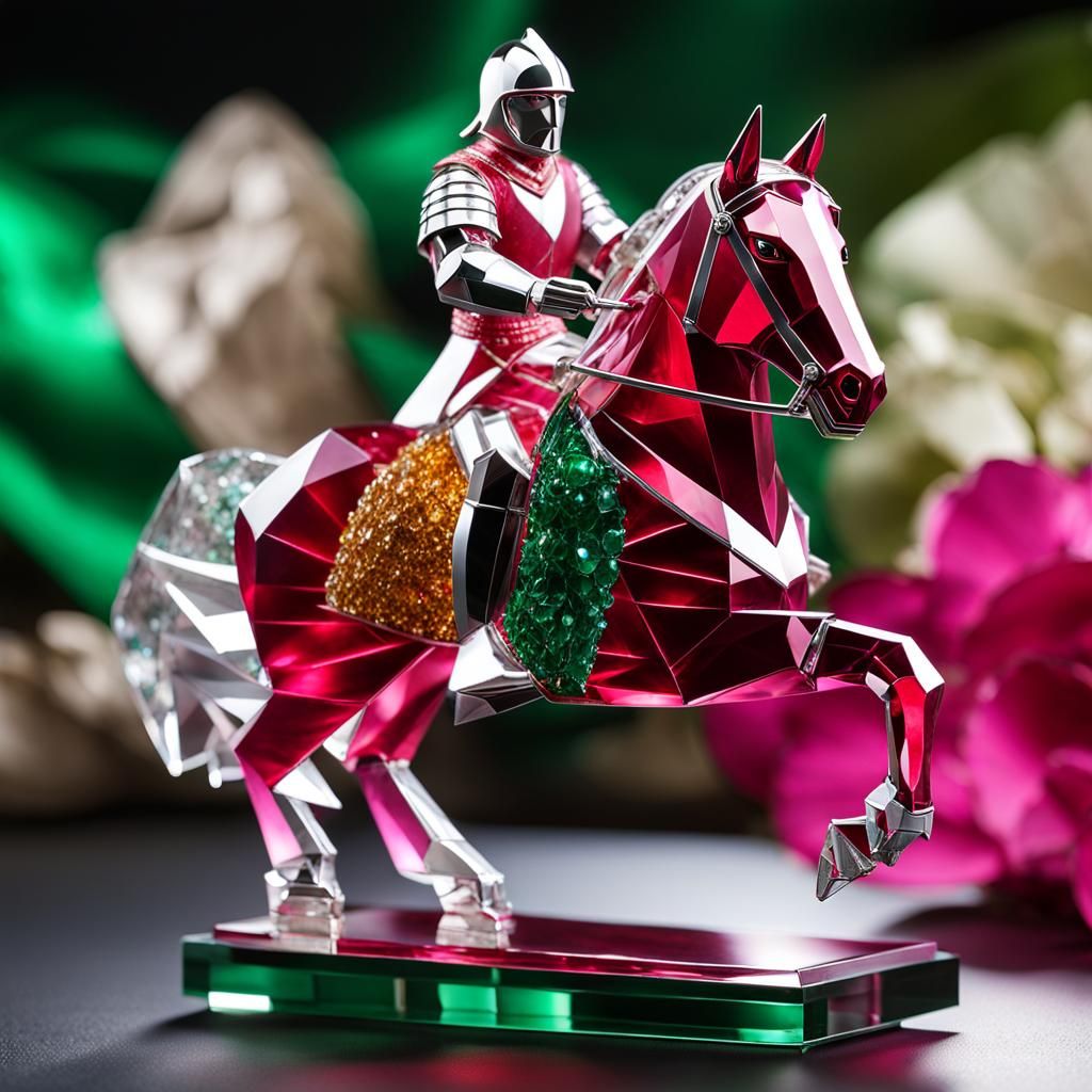 Crystal Knight on Horseback Statue in Origami Style