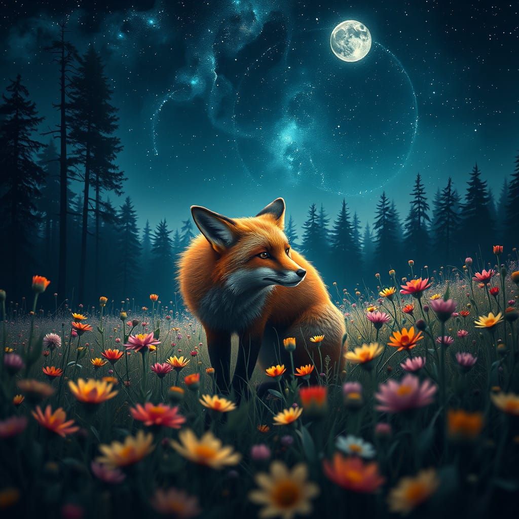 Surreal Art Nouveau Fox Under Starry Night Sky