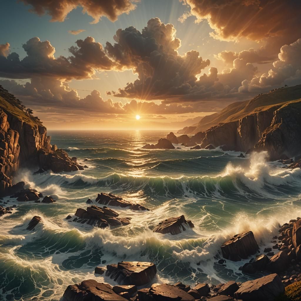 Cinematic Ocean Waves Reflect Sunlight at Sunset
