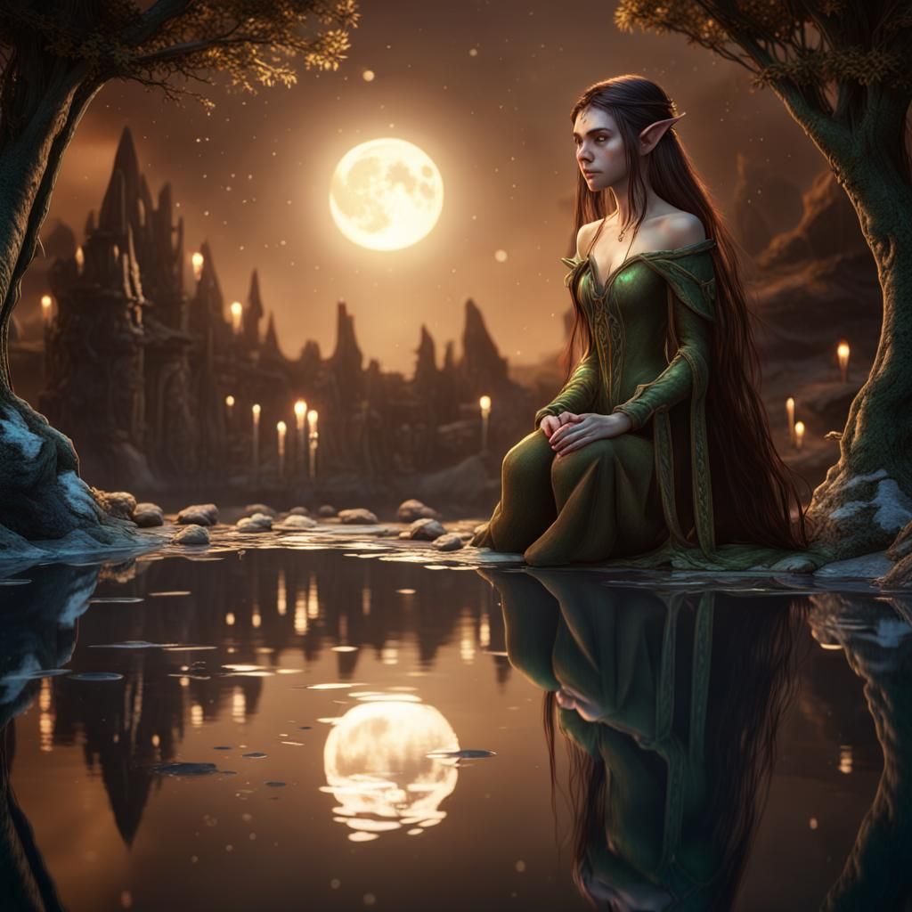 Sad Elf Reflecting in Moonlight Pond