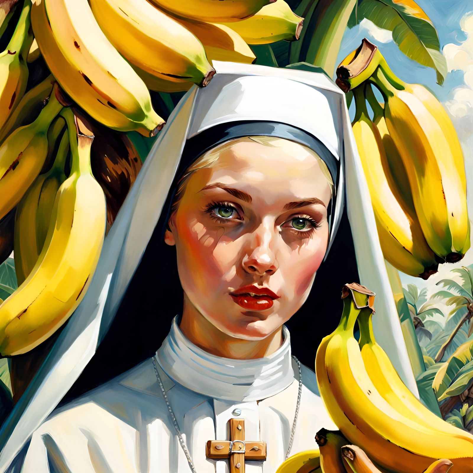 Nun Surrounded by Bananas, Pin-Up Style