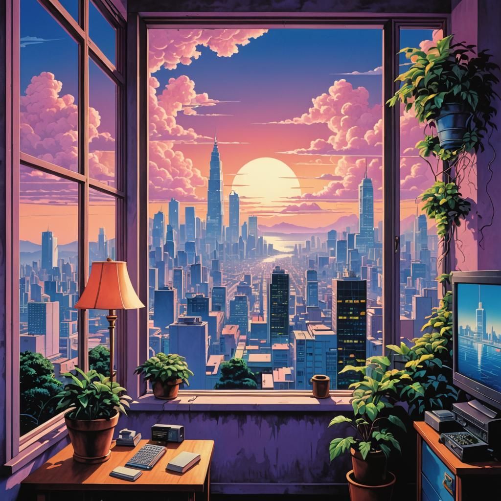 Vaporwave Cityscape in Soft Colors