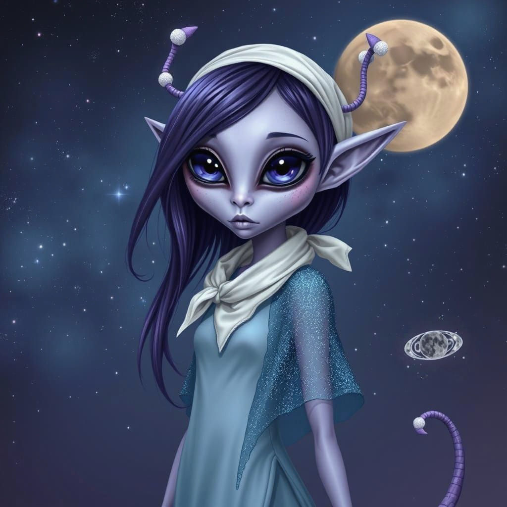 Cute Purple Alien with Galaxy Background