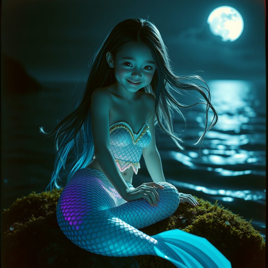 Cyber Mermaid in Bioluminescent Sea, Cinematic Still