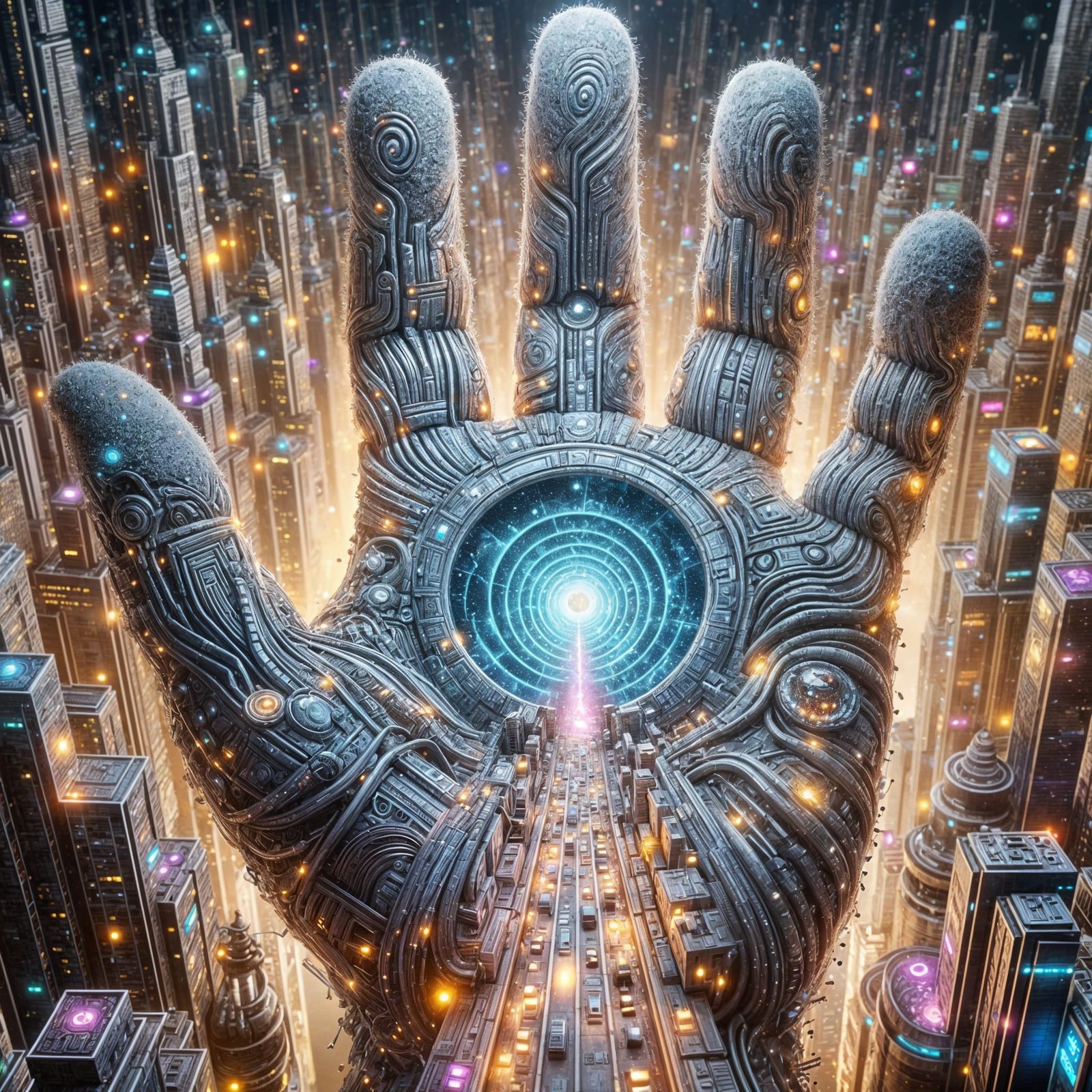 Cyberpunk Portal Hand: Interdimensional Cityscape
