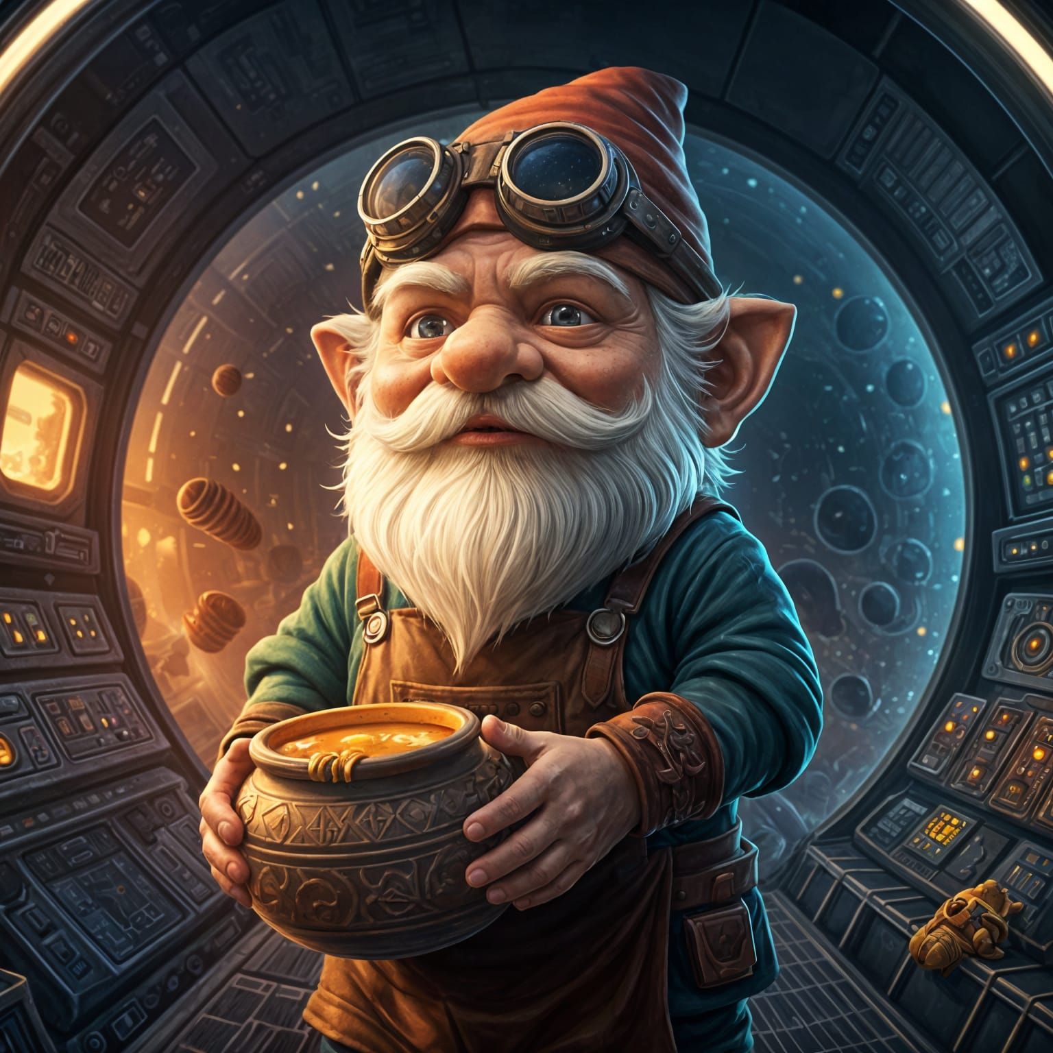 Gnome in Spaceship with Honey, Hyperrealistic Art