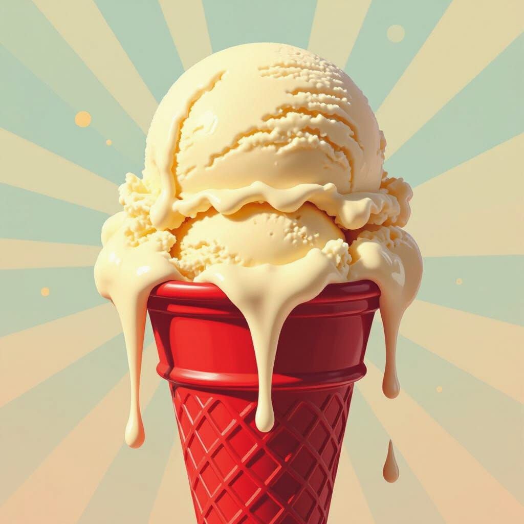 Melting Vanilla Ice Cream on Red Cone in Pop Art Style