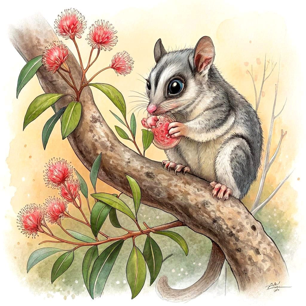 Sugar Glider Sipping Nectar in Watercolour Style