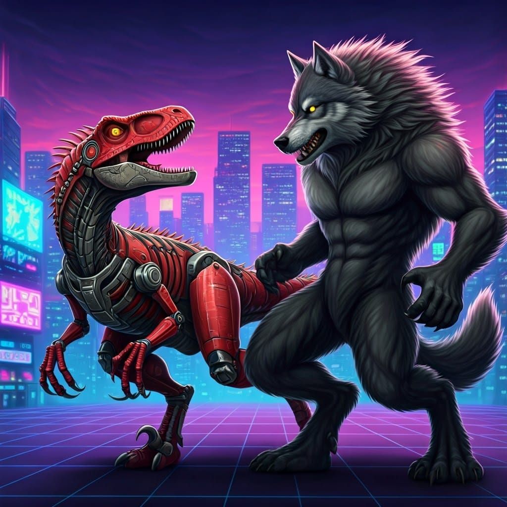 Red Velociraptor vs Grey Werewolf in Cyberpunk City
