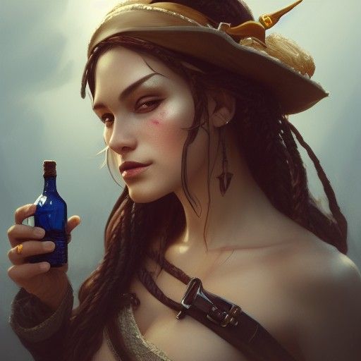 Beautiful Pirate with Liquor Bottle, Digital Portrait