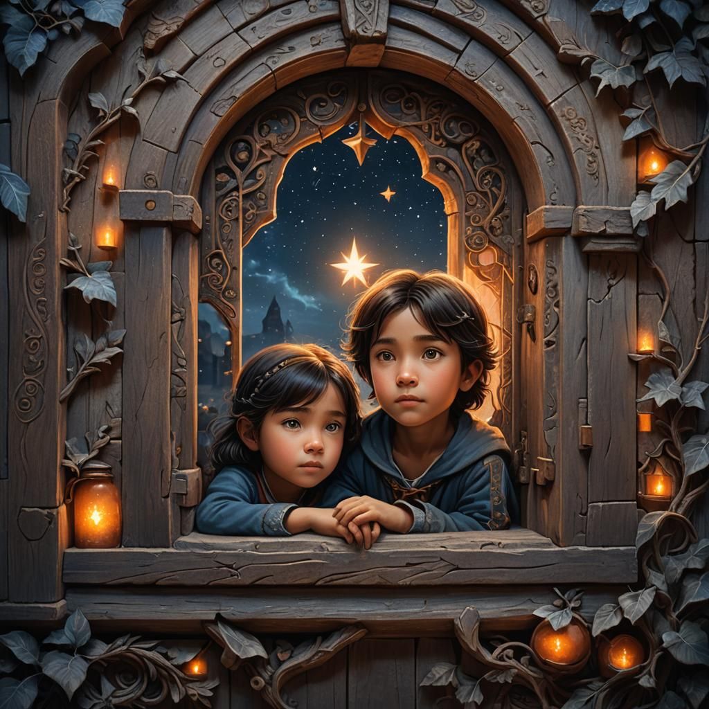 Childhood Wonder: Starry Night in Stone Window