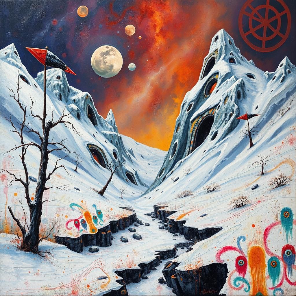 Surreal Snowy Landscape with Celtic Motifs as Impasto Painti...