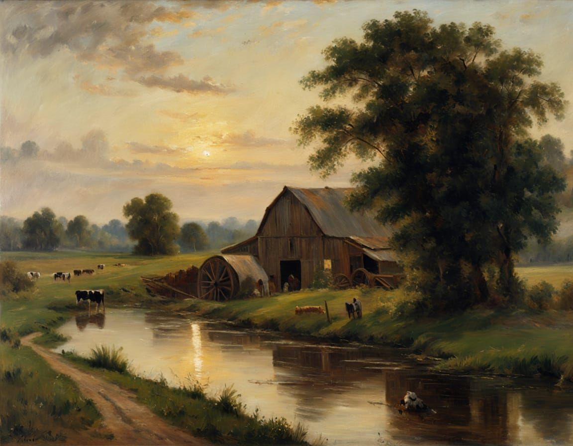 Idyllic Farm with Watermill: Oil Painting in Pastoral Style