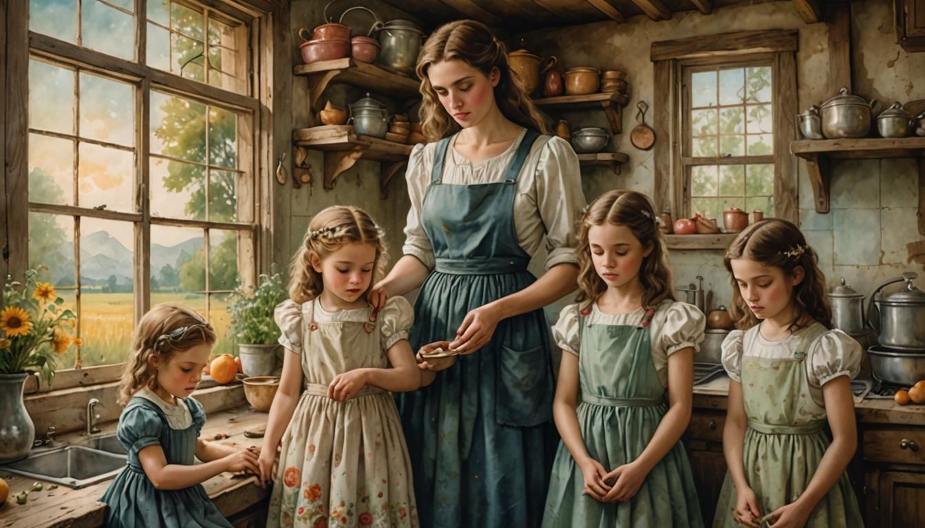 Mother and Daughters in 1940s Kitchen, Watercolor Fantasy