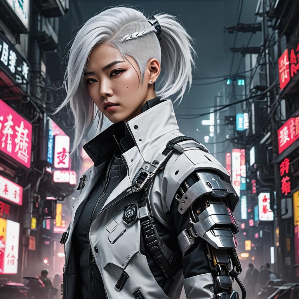 Cyberpunk Asian Woman with White Hair